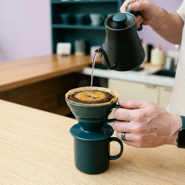 Barista's hand performing a precise pour-over coffee extraction