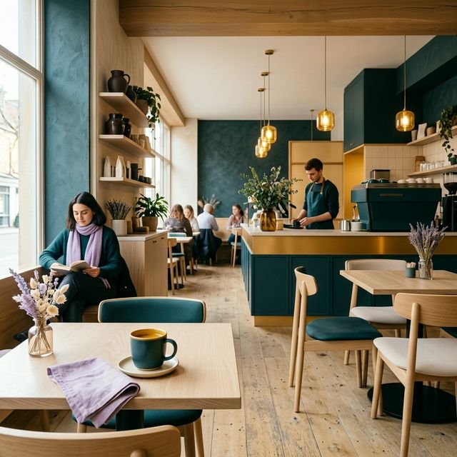 Warm and inviting interior view of the café with soft lighting and natural textures