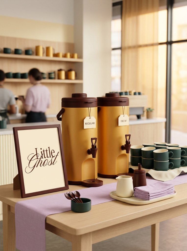 Professional coffee catering setup with large-batch dispensers and elegant presentation