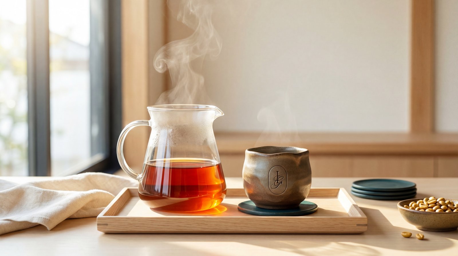 Japanese-style glass carafe filled with light roast coffee and a ceramic wabi-sabi mug on a wooden tray, illuminated by warm sunlight