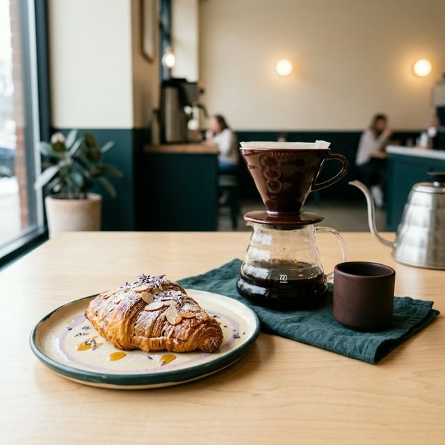 Artisanal plate featuring a fresh pastry pairing for our Ethiopia Guji pour-over