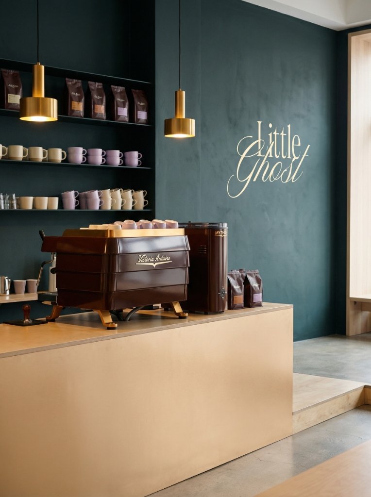 Modern and minimalist coffee bar interior with espresso machine and clean aesthetic